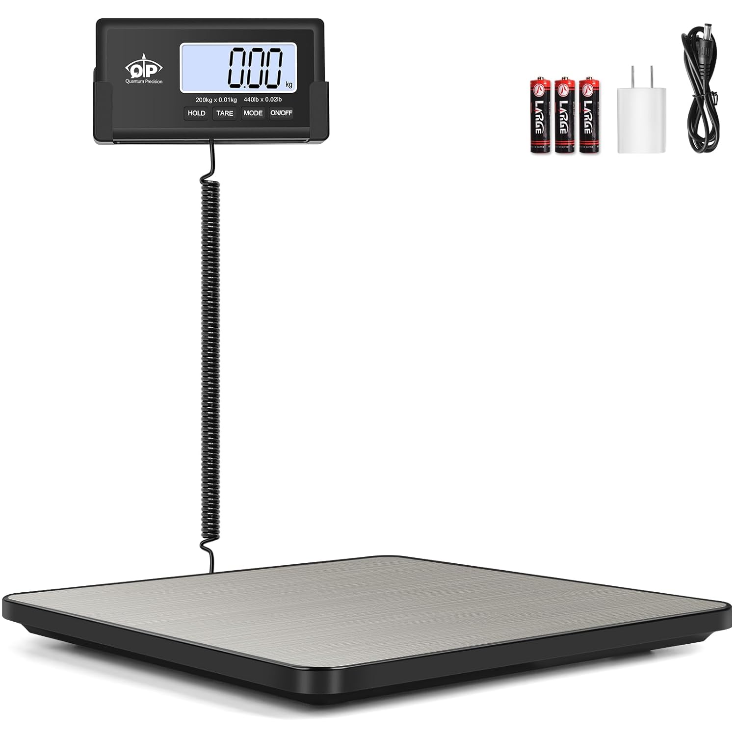 QP Shipping Scale, 440 lb/0.35 oz High Accuracy Digital Postal Scale, Postage Scale, Hold/Tare Function, Auto Off LCD Display, Lightweight Scale for Packages/Luggage/Pet, Battery & AC Adapter Included