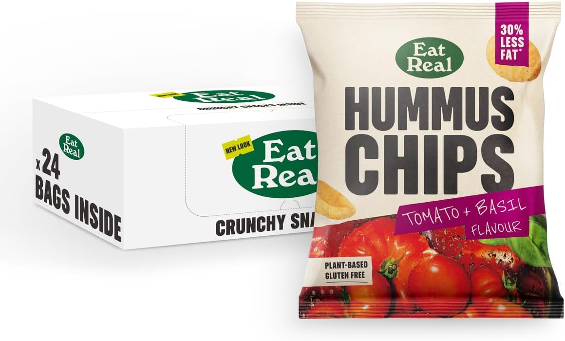 Eat Real, Hummus Chips, Tomato and Basil, 24 X 22g, Gluten-Free Crisps Multipack, Vegan-Friendly, Healthy Snacks, Plant-Based