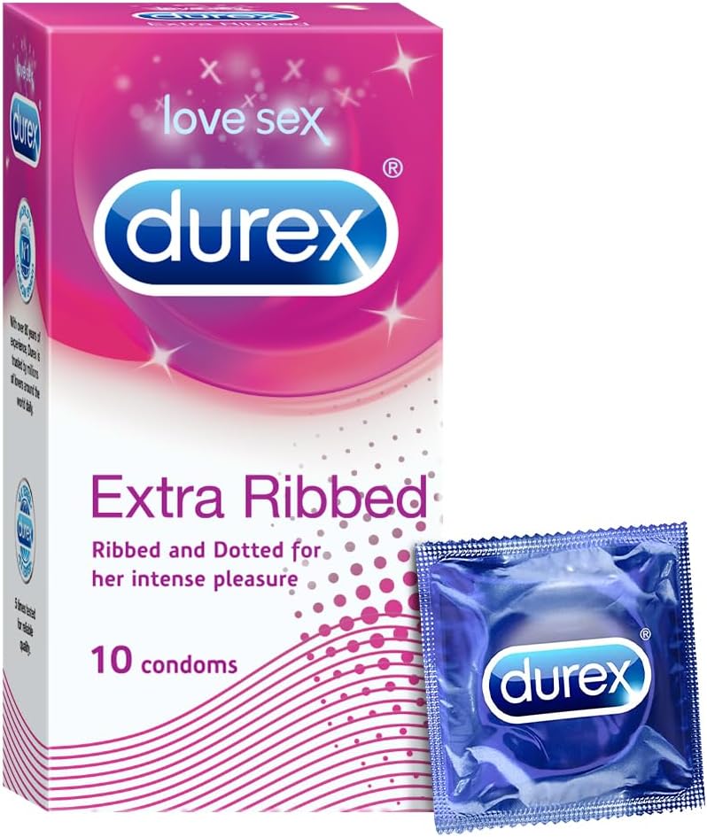 Durex Extra Ribbed Condoms for Men - 10 Count |Ribbed and Dotted for Extra Stimulation|Suitable for use with lubes & Toys