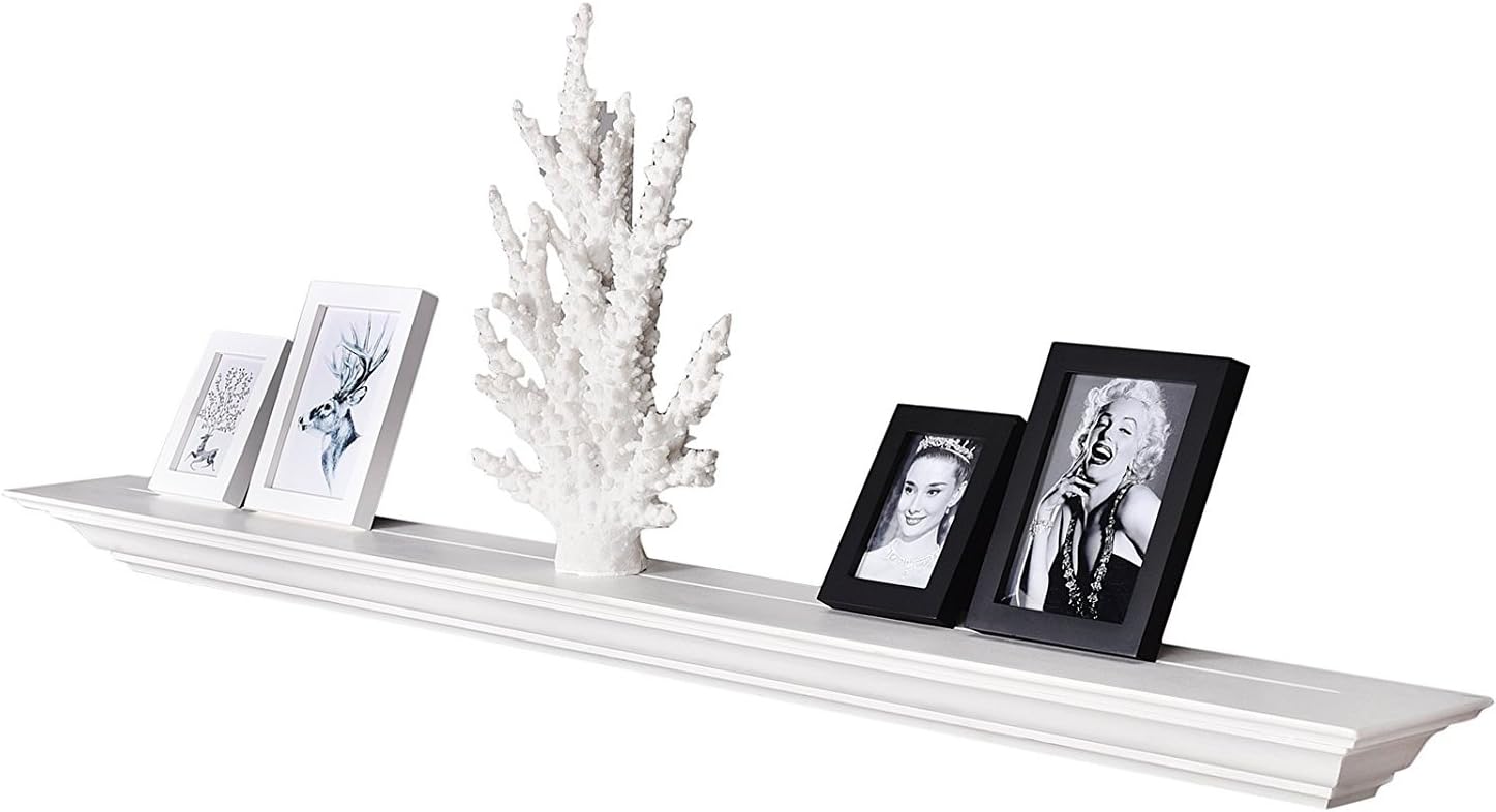 WELLAND White 60 Inch Fireplace Mantel Shelf Wall Mounted,Solid Pine Wood Finished Corona Crown Molding Floating Wall Photo Ledge Shelves