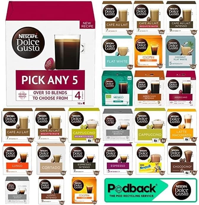 Nescafe Dolce Gusto Coffee, Tea, Chocolate Pods. Pick Any 5 Packs from 40+ Blends Inc: Decaf, Caramel, Cappuccino, Latte, Mocha, Espresso, Skinny, Cafe Au Lait, Vanilla