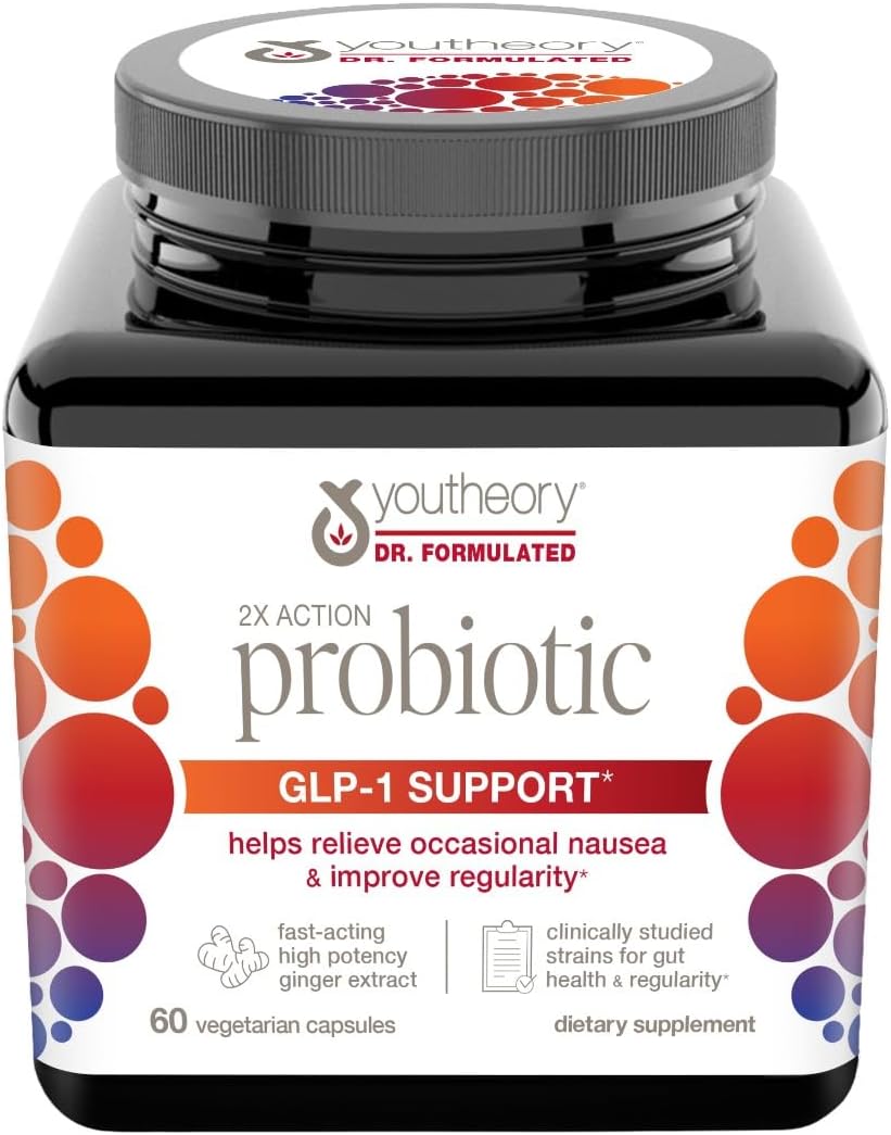 Youtheory 2X Action Probiotic - GLP-1 Support for Gut & Digestive Health* - Clinically Studied Probiotic - Prebiotic Fiber & Fast-Acting Ginger Extract - Gluten & Soy Free - 60 Vegetarian Capsules