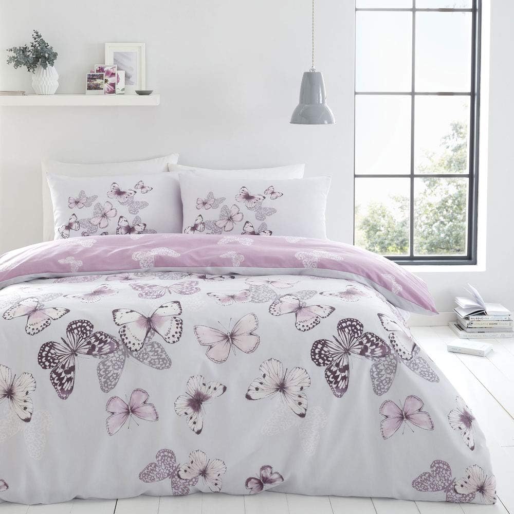 Catherine Lansfield Bedding Scatter Butterfly Double Duvet Cover Set with Pillowcases Heather