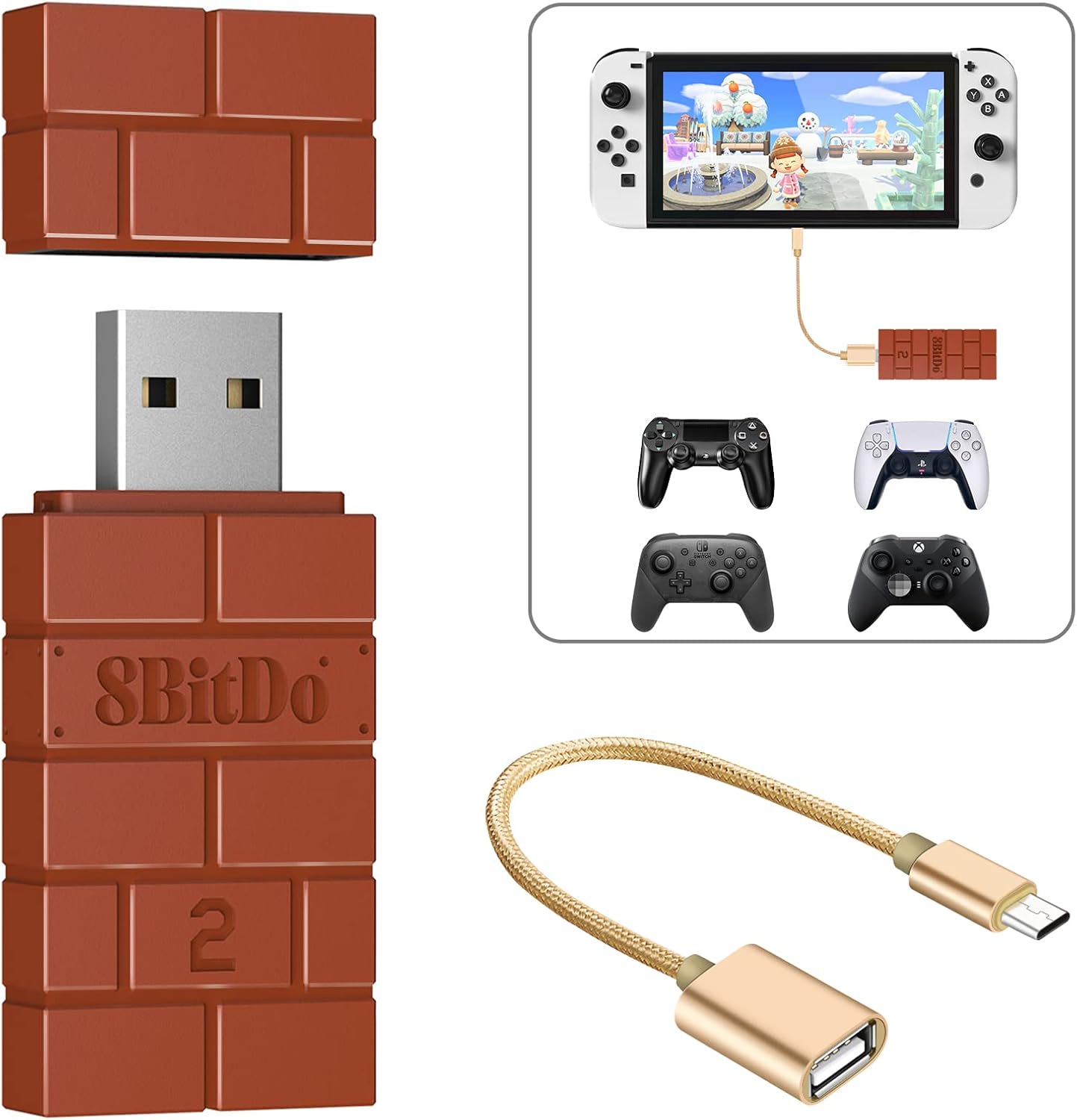 8BitDo USB Wireless Controller Adapter 2 Converter Dongle for Switch 2/Switch/Switch OLED,Windows,Raspberry Pi, PS5/PS4/PS3 Controller,Xbox Series X/S,Xbox One Bluetooth Controller-OTG Cable (Brown)