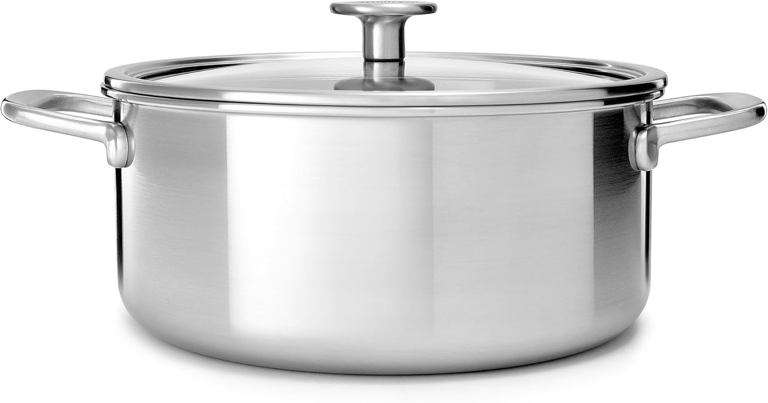 KitchenAid MultiPly 3PLY Stainless Steel 20 cm/3.11 Litre Casserole with Tempered Glass Lid, PFAS Free, Triply, Multiclad, Induction Suitable, Oven Safe up to 220°C, Silver