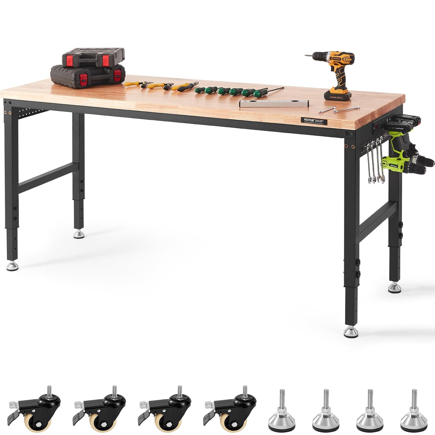 VEVOR Workbench for Garage 72" Adjustable Workbench, Heavy-Duty Hardwood Worktable with Universal Wheels, 3000 LBS Load Capacity, with Power Outlets, for Workshop, Garage, Office and Home
