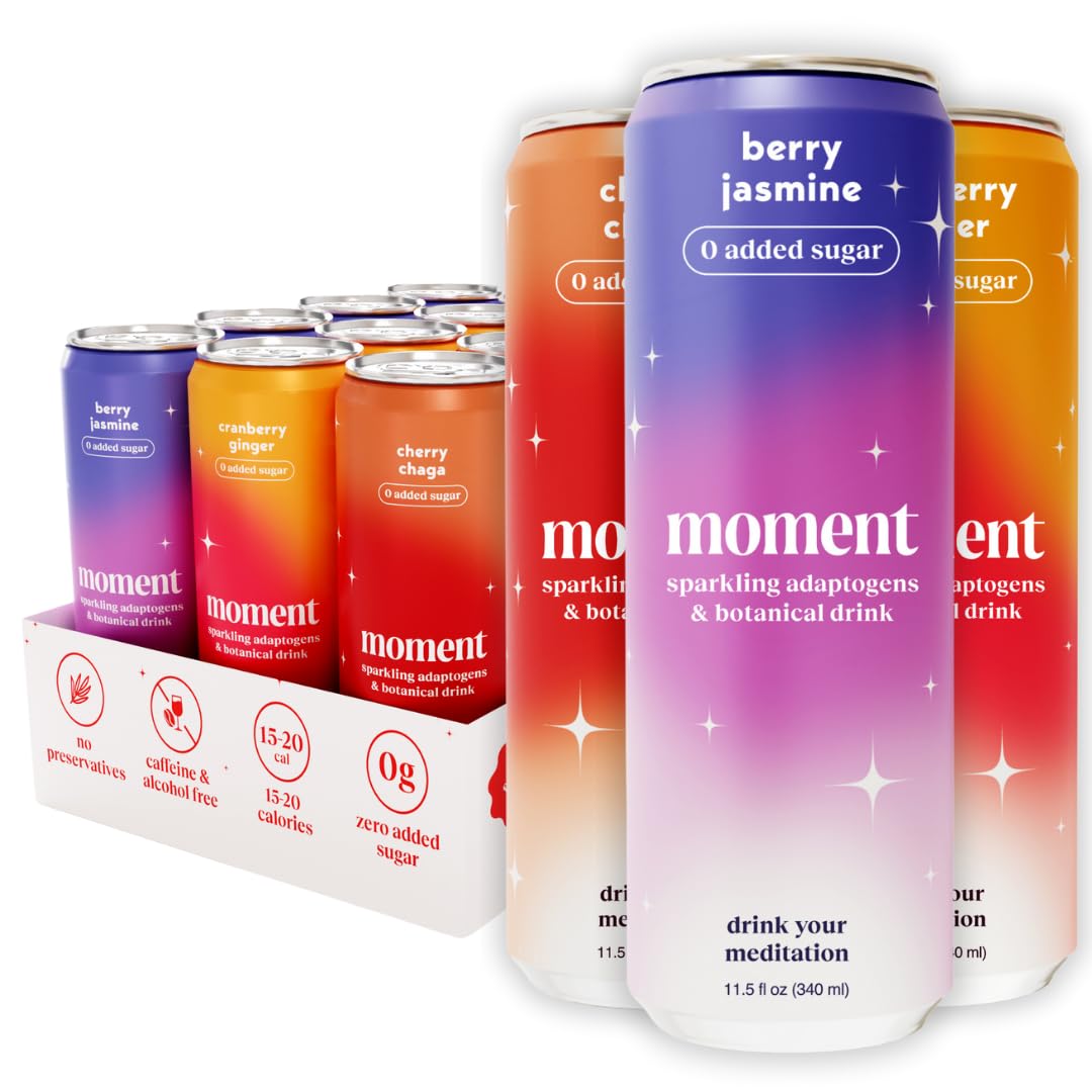 Moment Sparkling Adaptogenic Soda Soft Drinks - Flavorful Healthy Soda with L-Theanine & Ashwagandha for Calm & Clarity | 0 Added Sugar, 0 Alcohol | 12-pack | Berry Blast