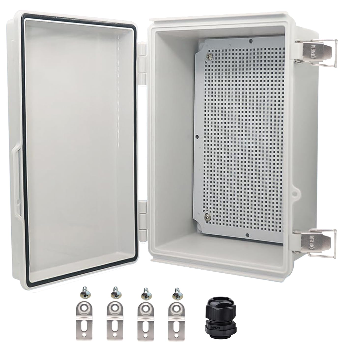 Waterproof Electrical Box, IP67 Junction Box Stainless Steel Latch Hinged Grey Cover Project Enclosure with Wall Bracket 11.1"x7.5"x5.5"
