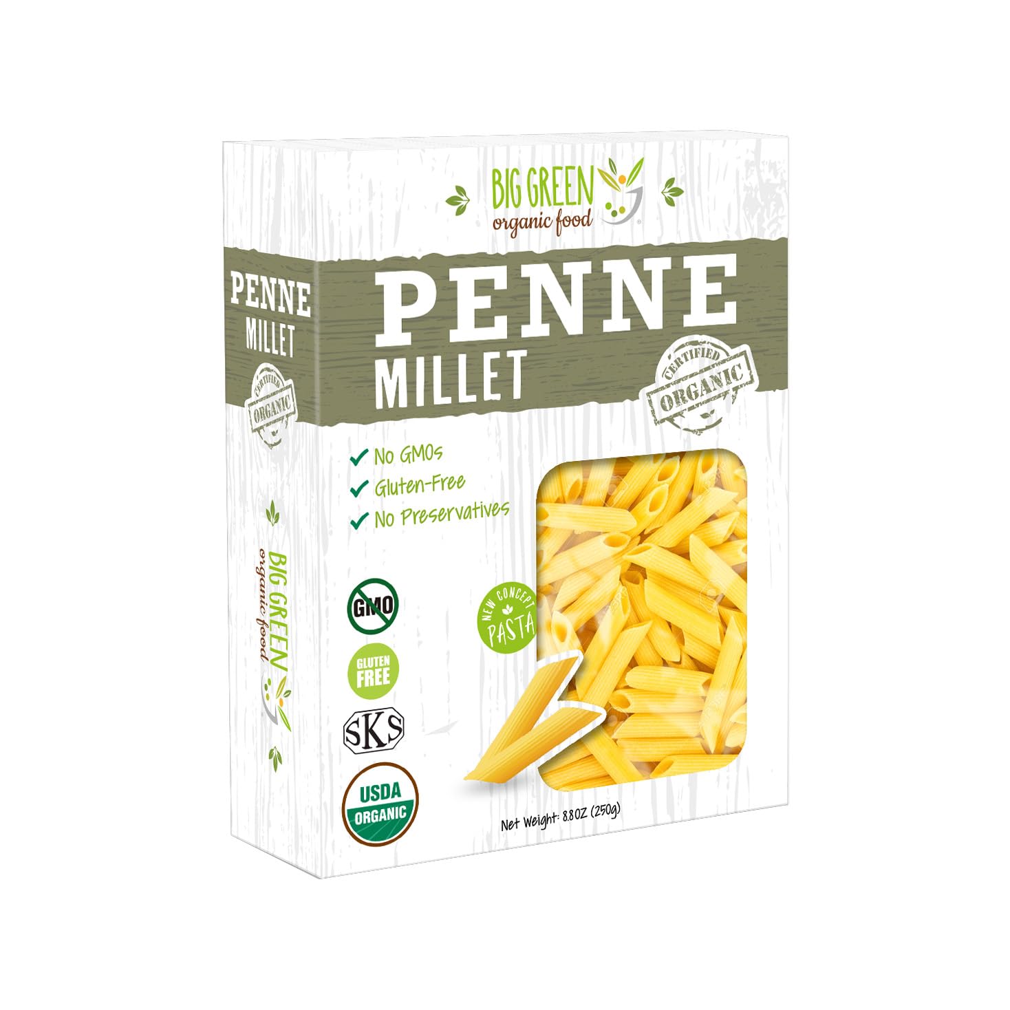 Big Green Organic Food- Organic Millet Penne, Gluten-Free, Lectin-Free, Non-GMO, Vegan, Wheat and Rice Alternative, 8.8oz (1)