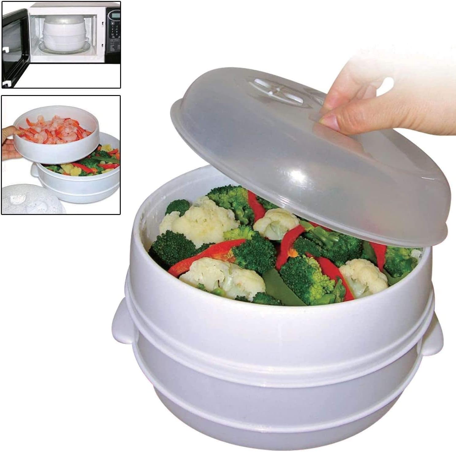 Copper Top - 2 Tier Microwave Vegetable Steamer Cooker Healthy Pasta Rice Cooking Pot Pan