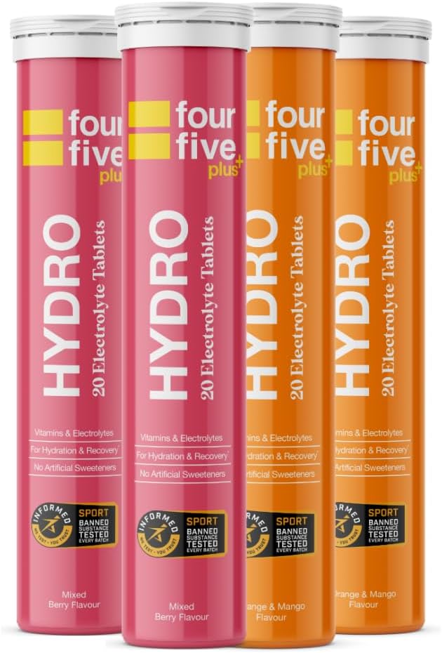fourfive Hydration Tablets (Berry&Orange) Low Calorie Vitamin Electrolytes, Vegan, Magnesium & Calcium, Sports Hydration - 4x20 Effervescent Tablets