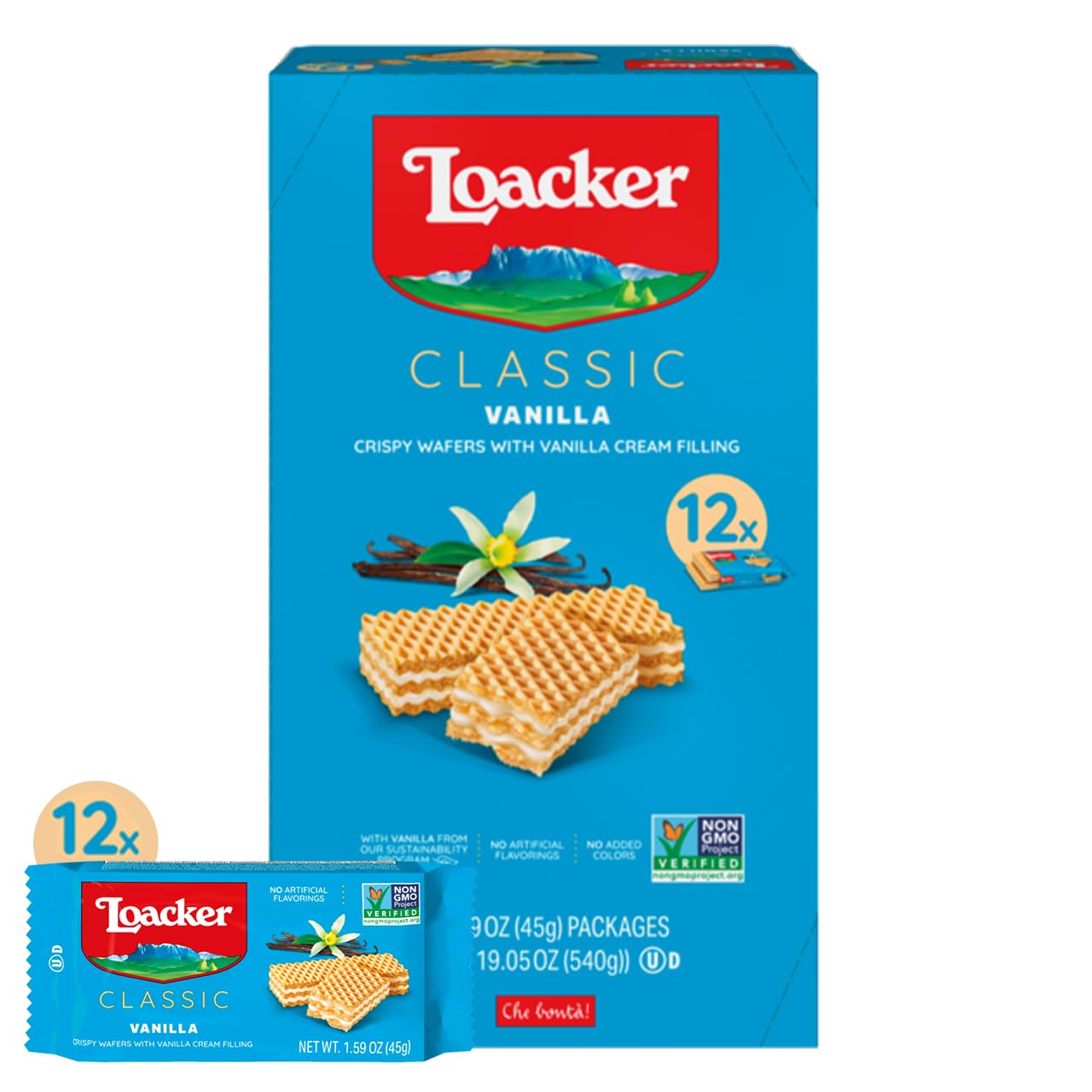 Loacker Classic Vanilla Wafers - Premium Crispy Vanilla Wafer Cookies with Cream Filling - Multipack of 12 Snack Packs - NON-GMO - Sustainably Sourced - 45g/1.59oz, Pack of 12