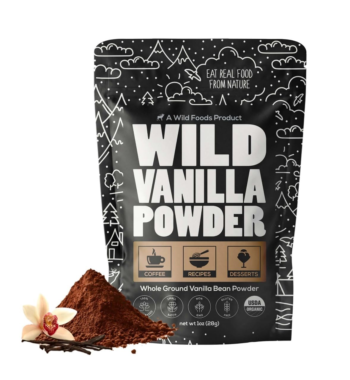 Wild Foods Organic Vanilla Bean Powder - All Natural Pure Vanilla from Madagascar - For Baking Cooking Coffee Flavoring & Smoothies - Unsweetened Gluten Free Non GMO Superfood (1 ounce)