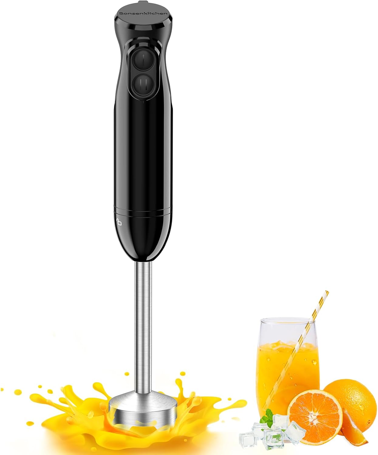 Bonsenkitchen Hand Blender, 2 Speeds Immersion Blender Handheld, Stick Blender Electric with Stainless Steel Blade for Making Baby Food, Soups, Sauce, HB3201 (Black)