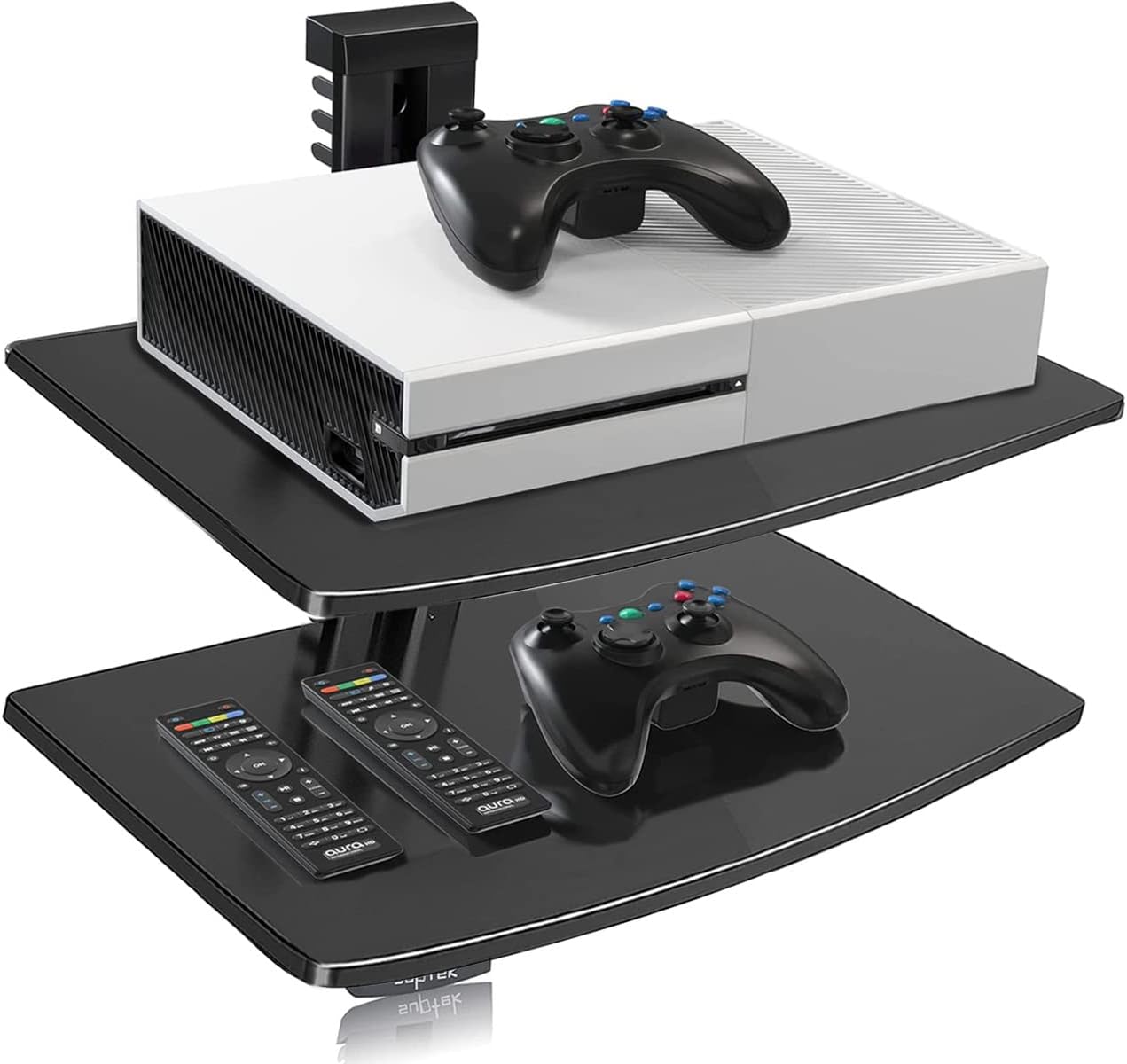 suptek 2 Floating Shelf Wall bracket with Strengthened Tempered Glass for DVD Players/Cable Boxes/Games Consoles/TV Accessories, 2 Shelves, Black CS202