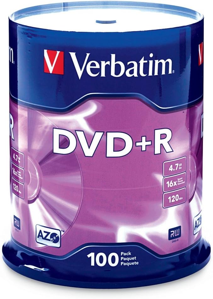 Verbatim DVD+R Blank Discs AZO Dye 4.7GB 16X Recordable Disc - 100 Discs Spindle Silver Frustration Free Packaging