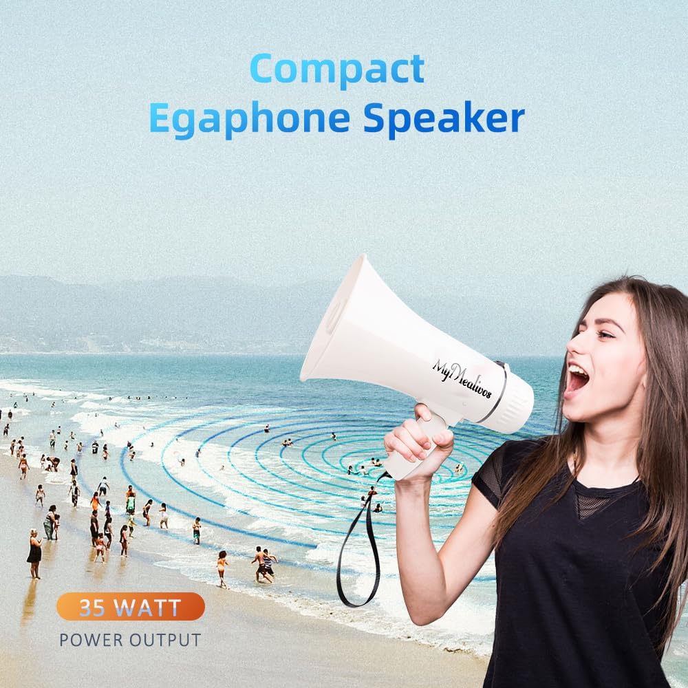 MyMealivos 35 Watt Power Portable Megaphone Speaker PA Bullhorn with Detachable Handheld Microphone, Built-in Siren, USB Flash Drive & 240S Recording (White)