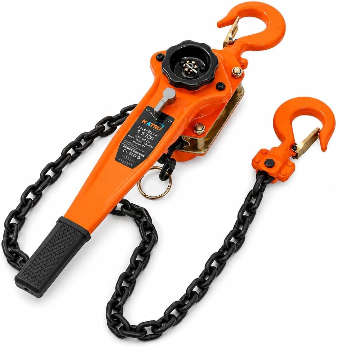 KATSU Tools 1.5 Ton Chain Hoist Lever Block – Manual Ratchet Puller, 1.5m Lift, 1500kg Capacity, Heavy Duty Come Along Winch with Hooks for Lifting & Pulling, Model 181715