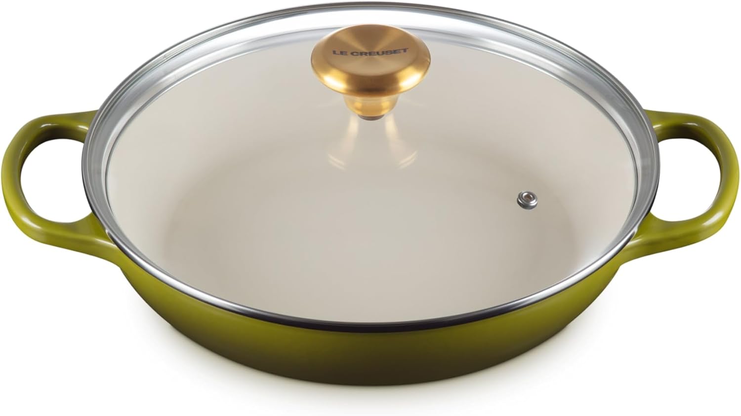 Le Creuset Enameled Cast Iron Signature Round Braiser with Glass Lid, 2.25 qt., Olive with Gold Knob
