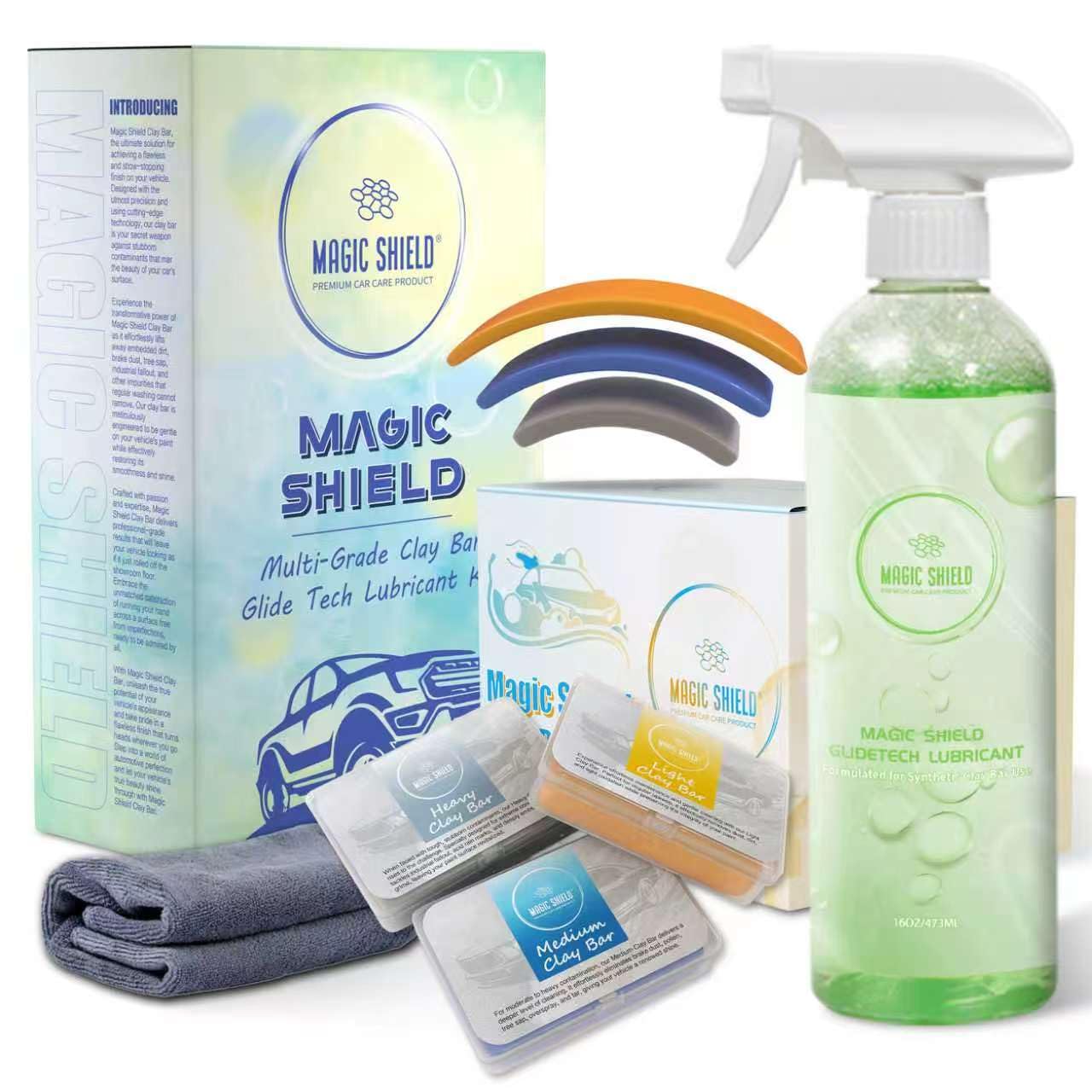 Magic Shield Triple Clay Bar with Spray – 100g Light, Medium & Heavy Bars + GlideTech Lubricant Spray | Professional Auto Detailing, Deep Cleaning & Shine Restoration