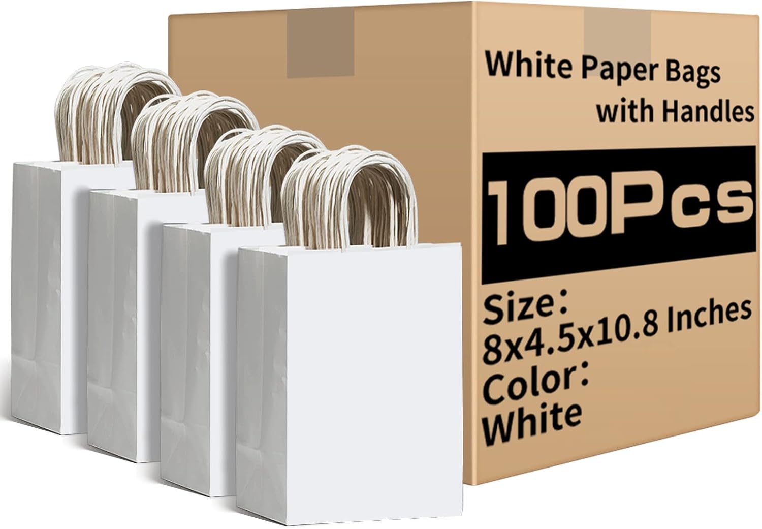 RACETOP White Paper Bags with Handles Bulk 8"x4.5"x10.8" 100Pcs Gift Bags Medium Size, White Gift Bags with Handles, Gift Bag Bulk for Retail, Party, Shopping, Merchandise