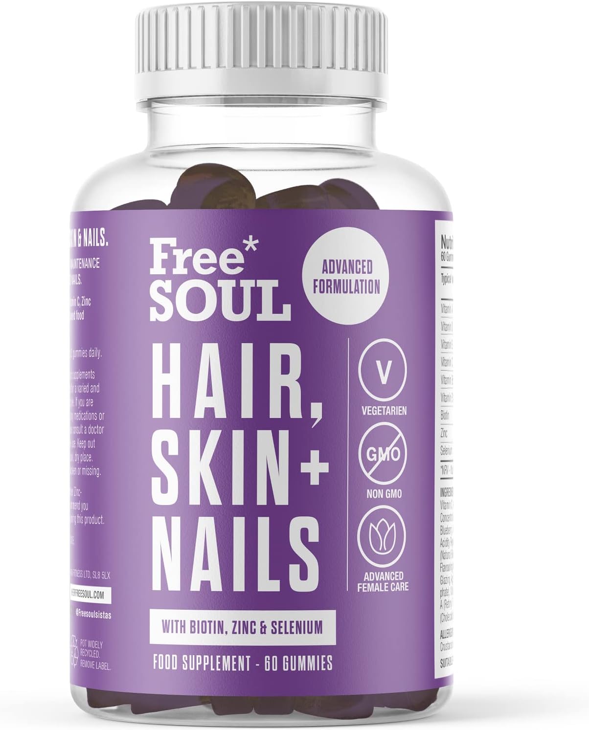 Free Soul Biotin Hair Supplement | Delicious Hair, Skin & Nails Gummies | Chewable Hair, Skin, and Nails Vitamins | Biotin with Vitamins B6, B12, Zinc, Selenium, E, A, C & D | 60 Gummies