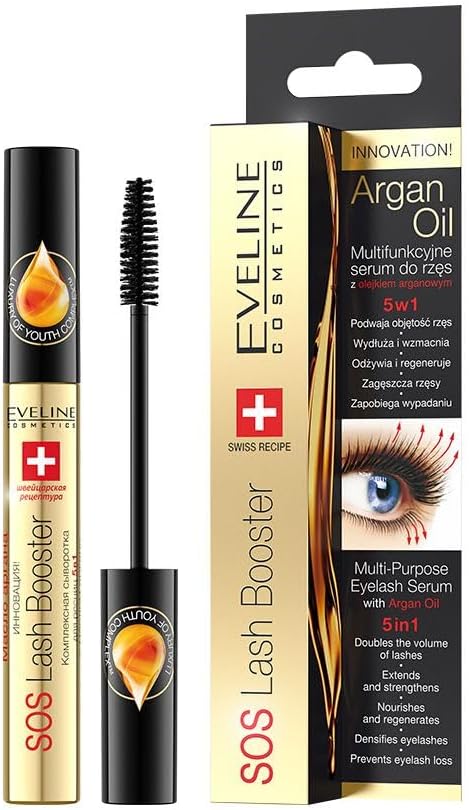 Eveline Cosmetics Sos Lash Booster 5-in-1 Lash Serum with Argan Oil - SOS LASH BOOSTER for Nourishing, Thickening & Repairing Eyelashes