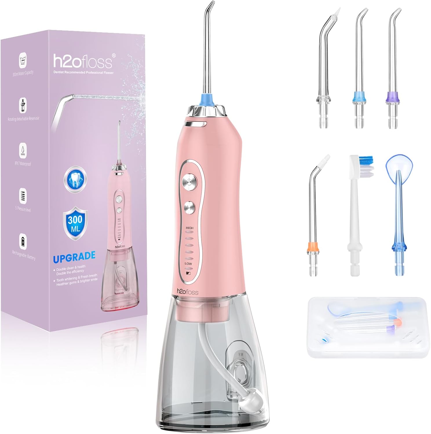 Water Dental Flosser Teeth Cleaner Pick, H2ofloss Cordless Portable Oral Irrigator,5 Mode IPX7 Waterproof Teeth Picks 300ML Rechargeable WaterFlosser for Home Travel (Pink)