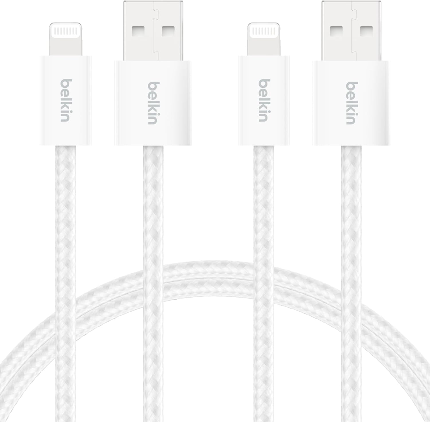 Belkin 2-Pack Braided USB-A to Lightning Cable 5ft - Soft, Flexible Fast-Charging Cable, Lightning iPhone Charger Cord for iPhone 14 & Earlier Series, iPad 9th Gen, & AirPods - White