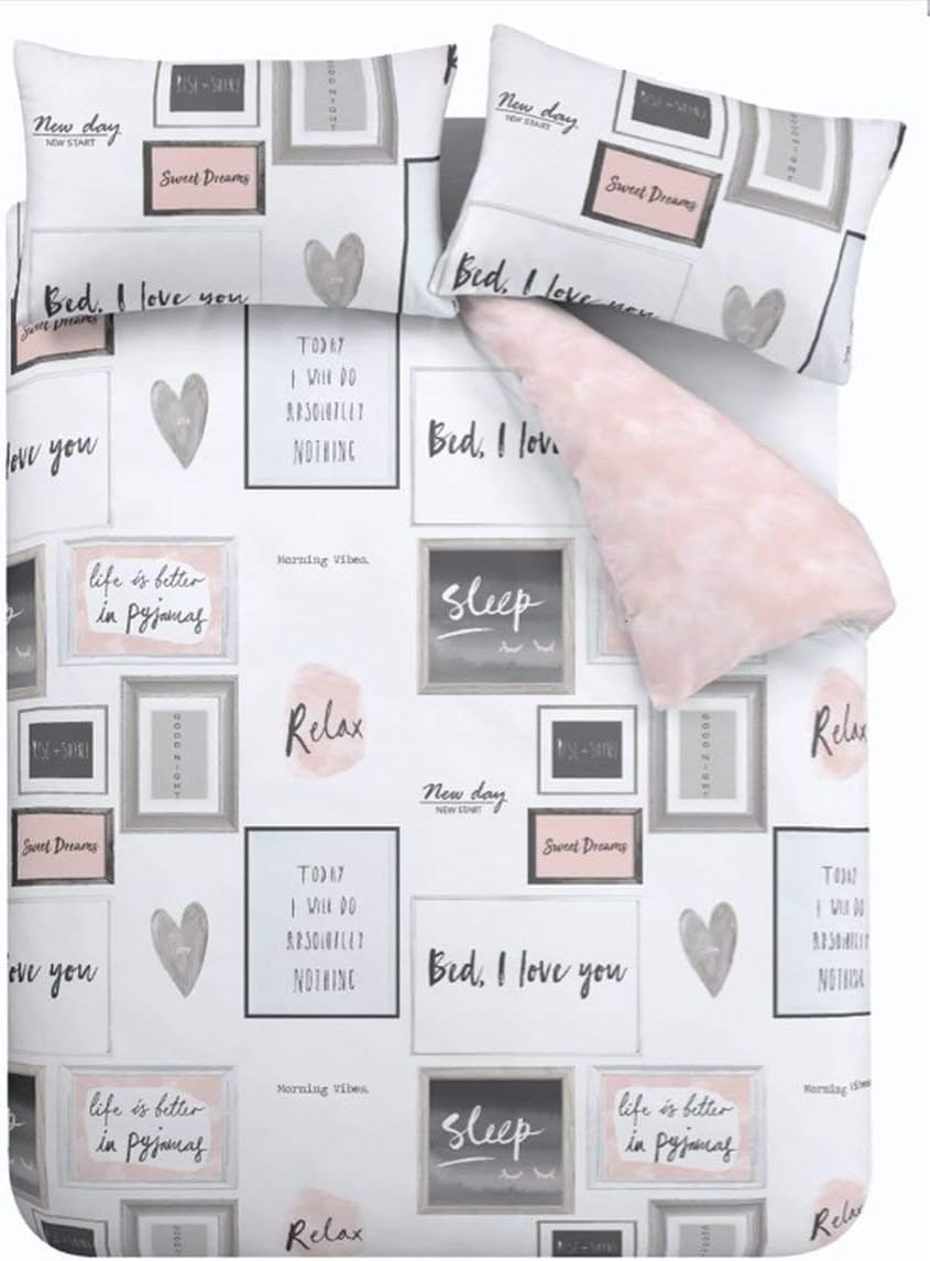 Catherine Lansfield Sleep Dreams Reversible Double Duvet Cover Set with Pillowcases Blush Pink