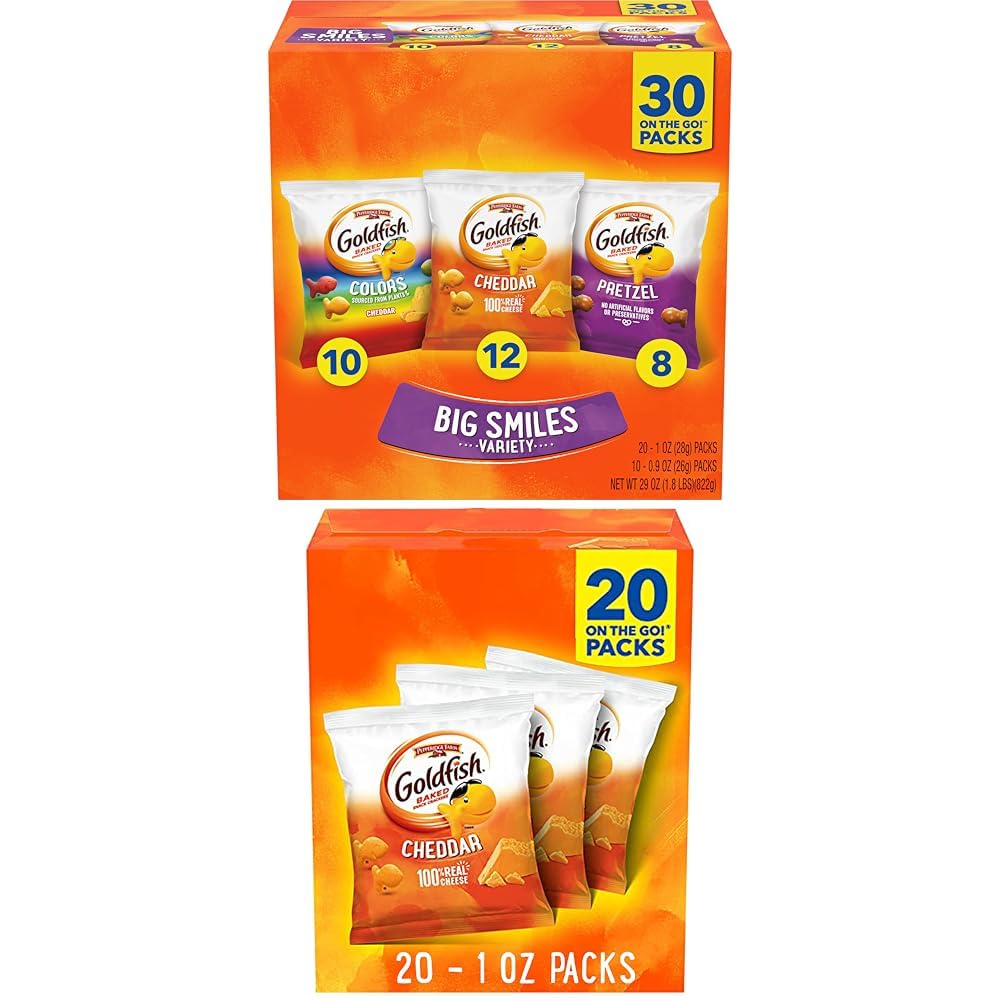 Goldfish Crackers Big Smiles Variety Pack with Cheddar, Colors, and Pretzels, Snack Packs, 30 Ct and Goldfish Cheddar Cheese Crackers, Baked Snack Crackers, 1 oz On-the-Go Snack Packs, 20 Count Box