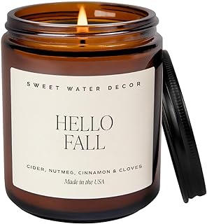 Sweet Water Decor Hello Fall Soy Candles - Fall Candle with Hot Cider, Cinnamon, Cloves, and Nutmeg Scent for Home - Soy Candle with 40 Hours Burn Time - 9Oz Black Lid Amber Jar Candles Fall Scents