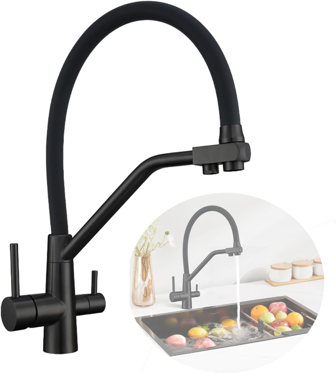 Kitchen Tap, 3 Way Kitchen Tap with Pull Out Stream Pull Down Faucet 360° Swivel Cold and Hot Mixer with Drinking Filtered Water Outlet, Black