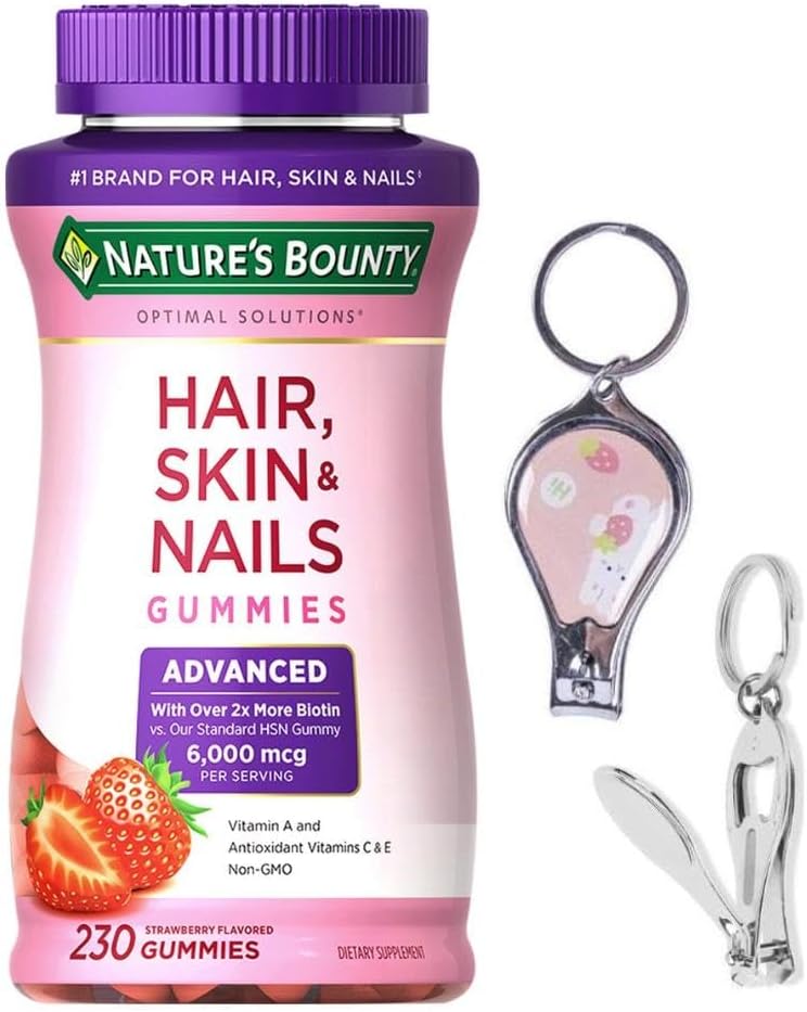 Max Strength Nature s-Bounty Optimal Solutions Advanced Hair, Skin, Nails, 2X Biotin 6000 mcg, 230 Strawberry Gummies+ Bundle with One Gift Nail Clipper Bottle Opener Keychain Random Cartoon