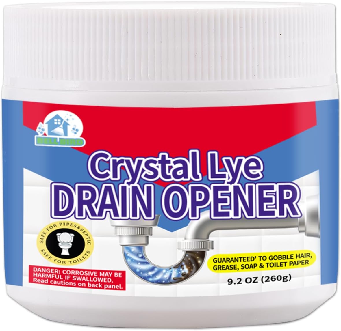 BELL BIRDCrystal Lye Drain Opener,Lye Sodium Hydroxide,Unclogs Bathroom and Kitchen Sinks,Drains,Shower Pipes (1PSC)