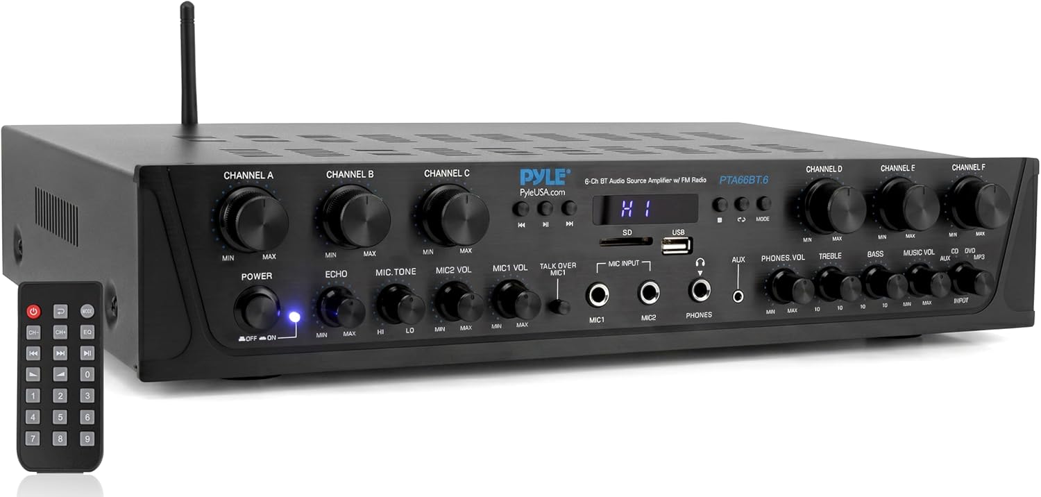 Pyle Wireless Home Audio Amplifier System - Bluetooth Compatible 6 Channel Stereo Receiver, 600W Max Power, Simple Karaoke with Dual Mic Inputs with Tone Control, PA with Talk Over - PTA66BT.6