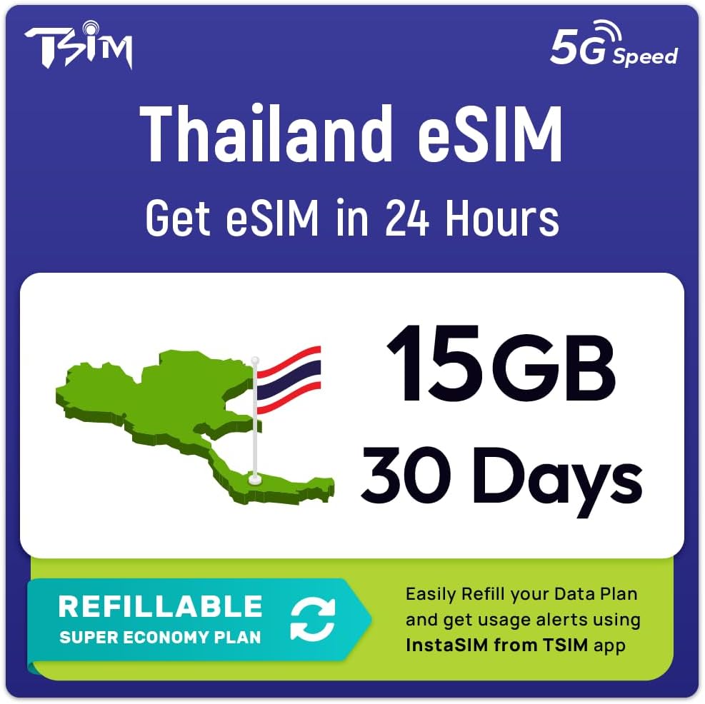 Thailand eSIM | 15GB Super Saver Refillable Plan! QR Code Sent via Email in 24Hrs - Scan & Use Immediately | Auto Activating 30 Day Validity | 5G Speed + Hotspot | Data-Only No Phone Number
