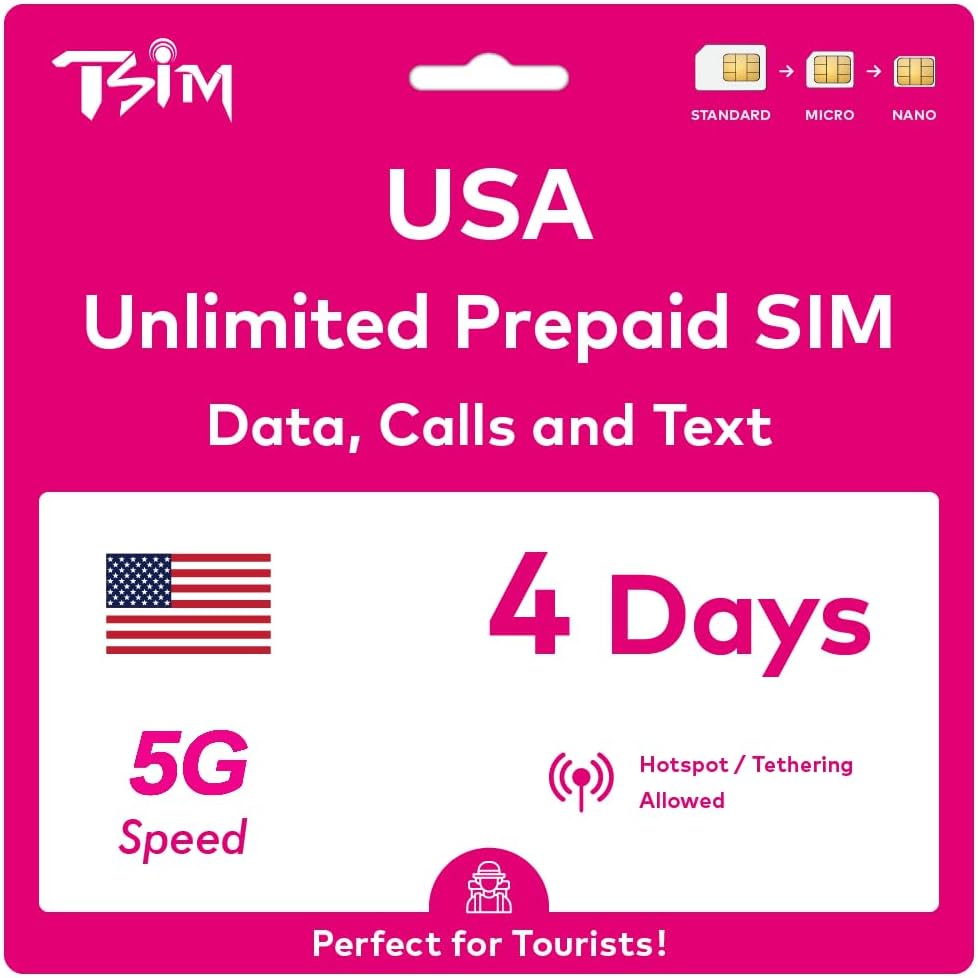 USA SIM Card for Travel to the USA. PrePaid. T-Mobile network with Unlimited Data, Calls and Texts. New Upgraded 5G SIM Card! (4 Day)