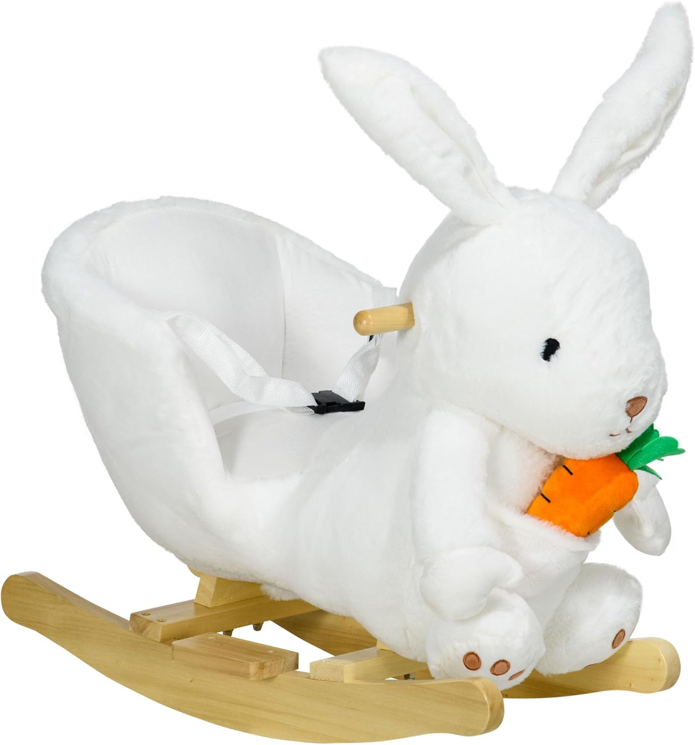 Qaba Baby Rocking Horse, Riding Horse, Bunny Rabbit Themed Rocker with Carrot Toy, Realistic Sound, & Pedals for Boy Girl Aged 18-36 Months, White