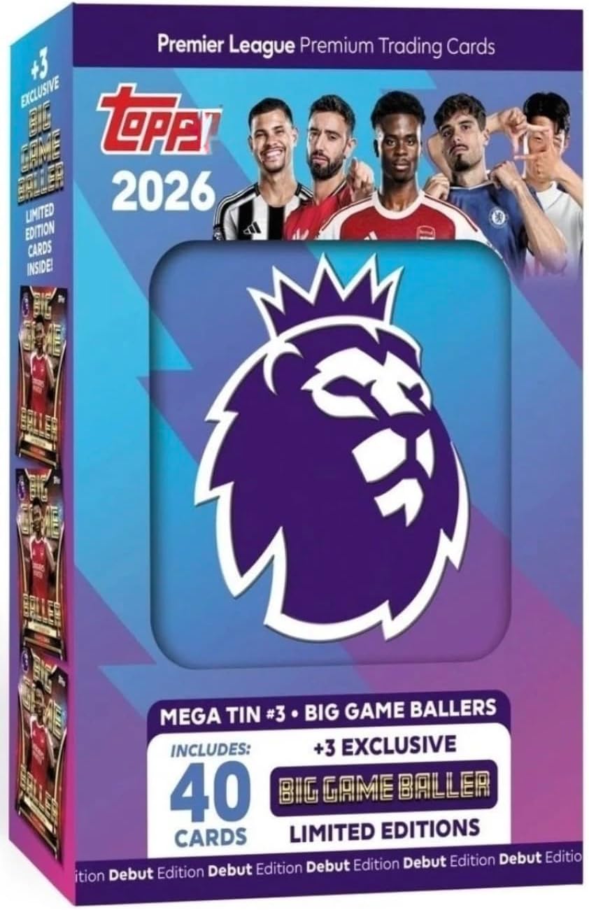 Premier League 2026 New - One Random Mega Tin - 40 Cards Including 3 Exclusive LE 25/26 Soccer Cards + Bundle with Hassential Sticker Premier League Soccer Cards