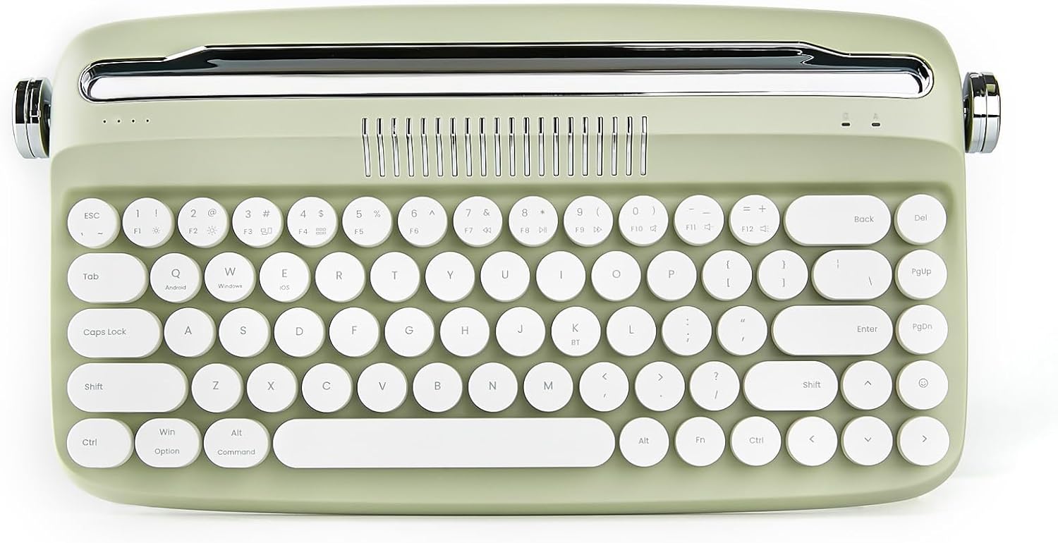 YUNZII Upgraded Wireless Typewriter Keyboard, Retro Aesthetic with Integrated Stand,Cute Round Keycaps, USB-C/Bluetooth Connection for Table, Phone, PC and Win/Mac/Android (B307, Sweet Mint)