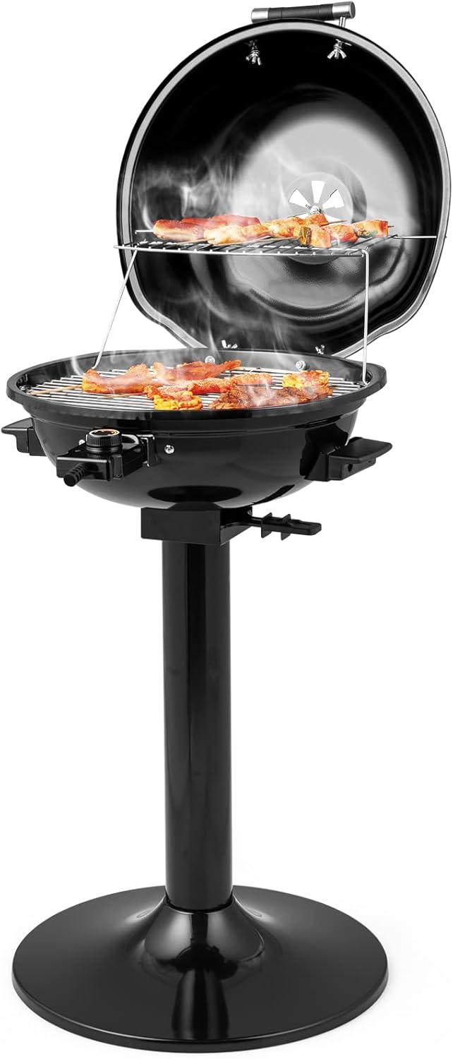 ORALNER Electric BBQ Grill with Stand, Warming Rack & Drip Tray, 15-Serving Electric Griddle Indoor & Outdoor Cooking Grilling Portable Patio Grill, for Balcony, Garden, Apartment, 1600W (Black)