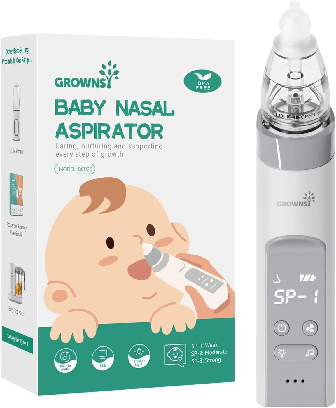 Nasal Aspirator for Baby, Baby Nose Sucker Pro with 3 Soft Silicone Tips, Adjustable Suction, Electric Nose Suction for Baby, Built-in Music & Light