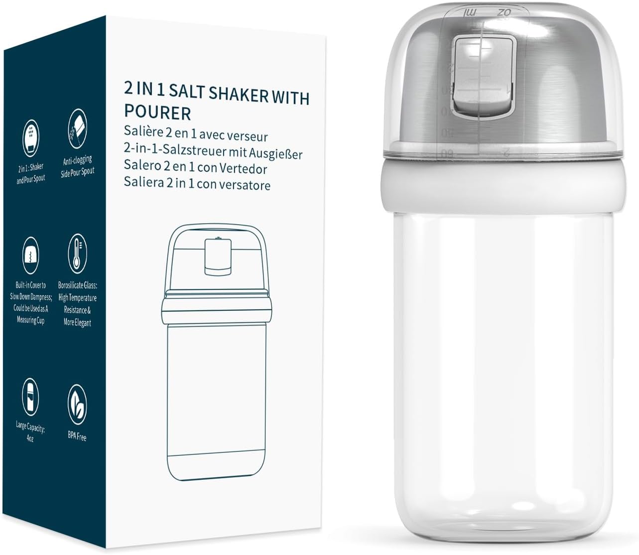 KTCHENDAO 2 in 1 Glass Salt Shaker with Side Pour Spout, Built-in Lid to Slow Down Dampness with Mearsuring Marks, Elegant Borosilicate Glass Salt Dispenser for Kitchen, BPA Free, 4oz (White)