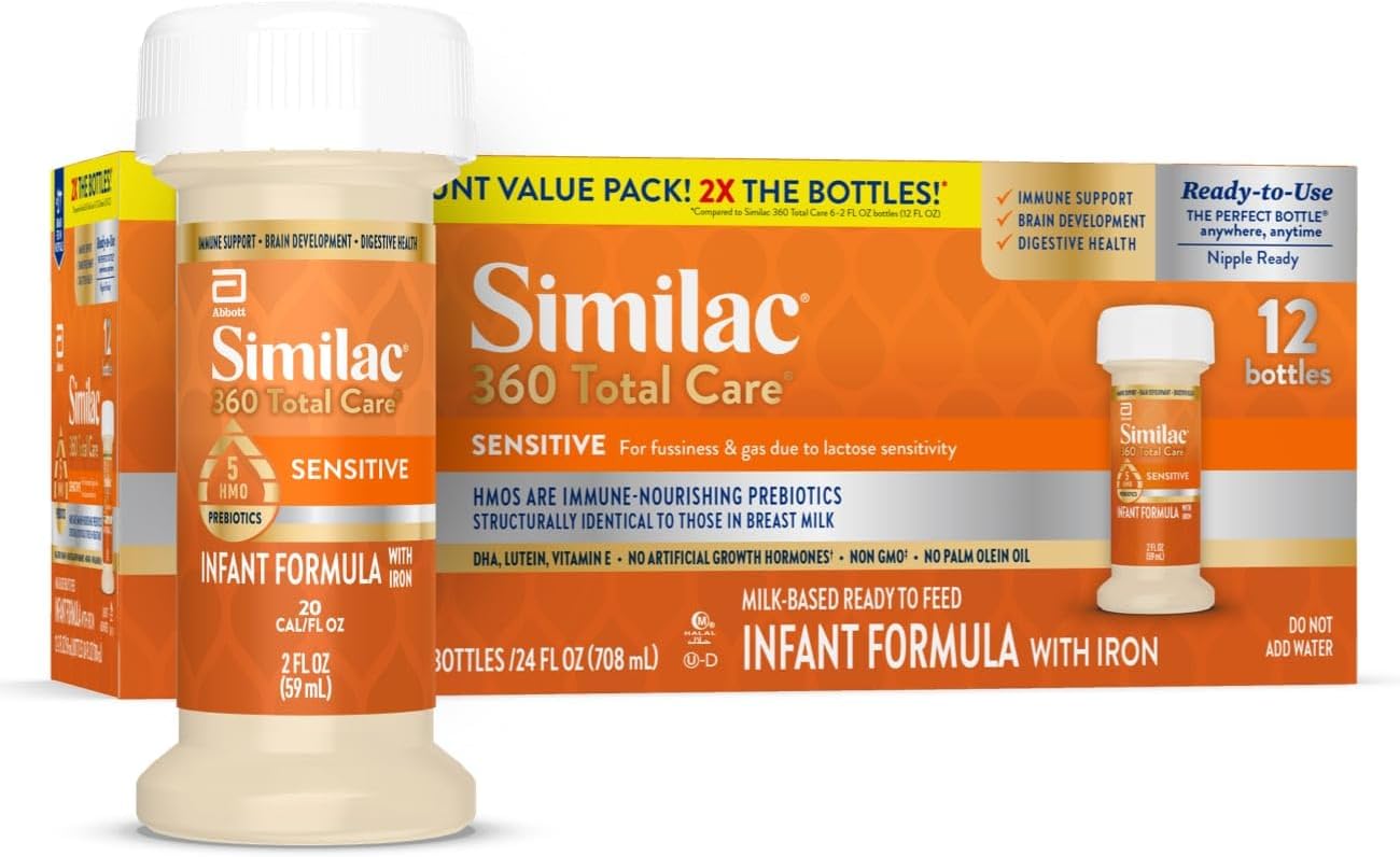Similac 360 Total Care Sensitive Infant Formula for Fussiness & Gas Due to Lactose Sensitivity, Has 5 HMO Prebiotics, Non-GMO, Baby Formula, Ready to Feed, 2-fl-oz Bottle, Pack of 12