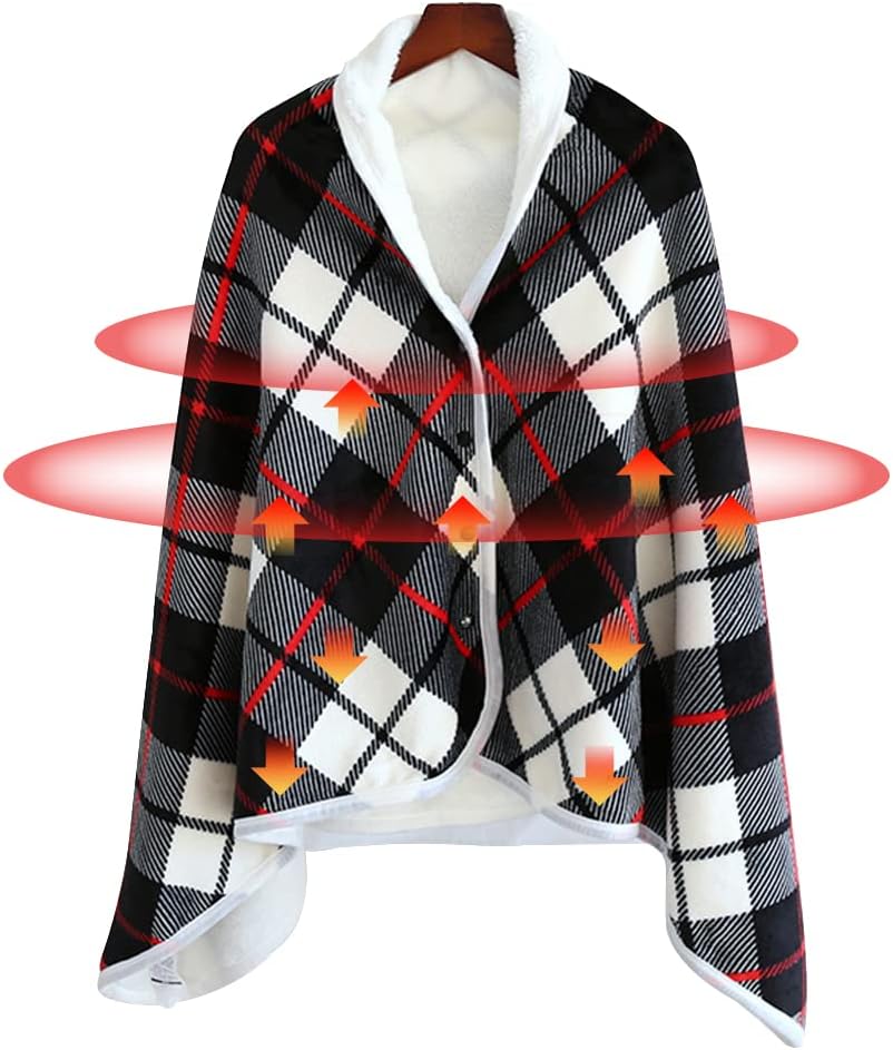 USB Plaid Electric Heated Shawl Blanket, Fleece Wearable Heated Blanket with Snap Closure Comfy Poncho Wrap for Home, Office, Outdoor, Travel Use, 3 Temperature Settings & Timer (55 * 31.5in)