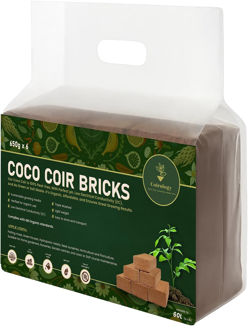 Coco Coir Brick 6 x 650g | 100% Natural Peat Free Compressed Coconut Fiber Growing Multi Purpose Substrate | Organic Top Soil Compost for Seed Starting Indoor House Plant Garden Beds