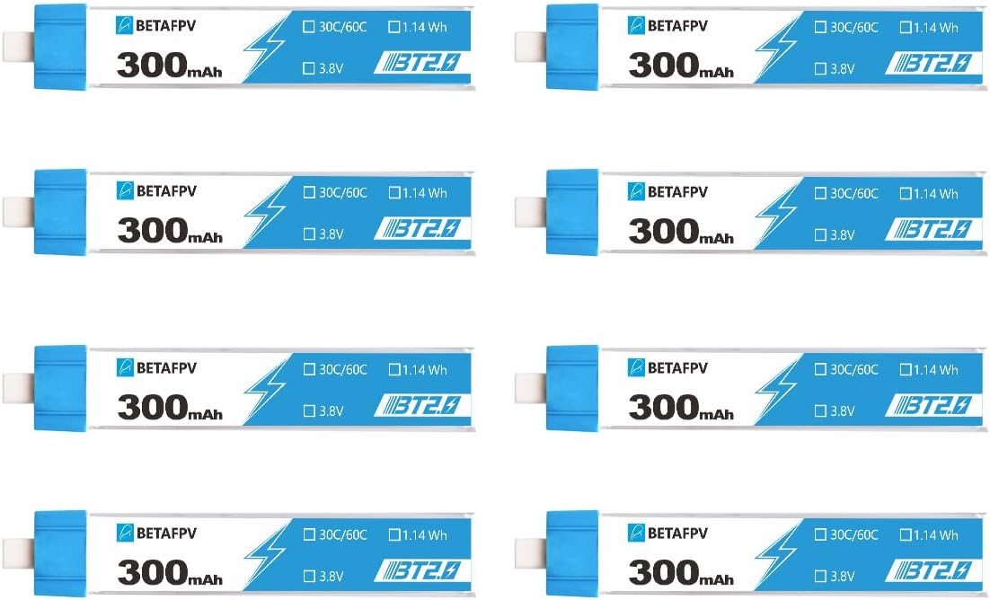 BETAFPV 8pcs BT2.0 300mAh 1S Battery 3.8V 30C/60C Lipo with 1.0mm Banana Connector for Tiny Whoop Brushless Whoop Drone Like Cetus Kit Air65 Brushless Drone