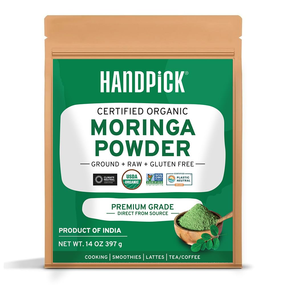 HANDPICK Organic Moringa Powder (397g/14oz) Moringa Oleifera Leaf Powder - Gluten Free, Non-GMO | Perfect for Smoothies, Drinks, Tea & Recipes
