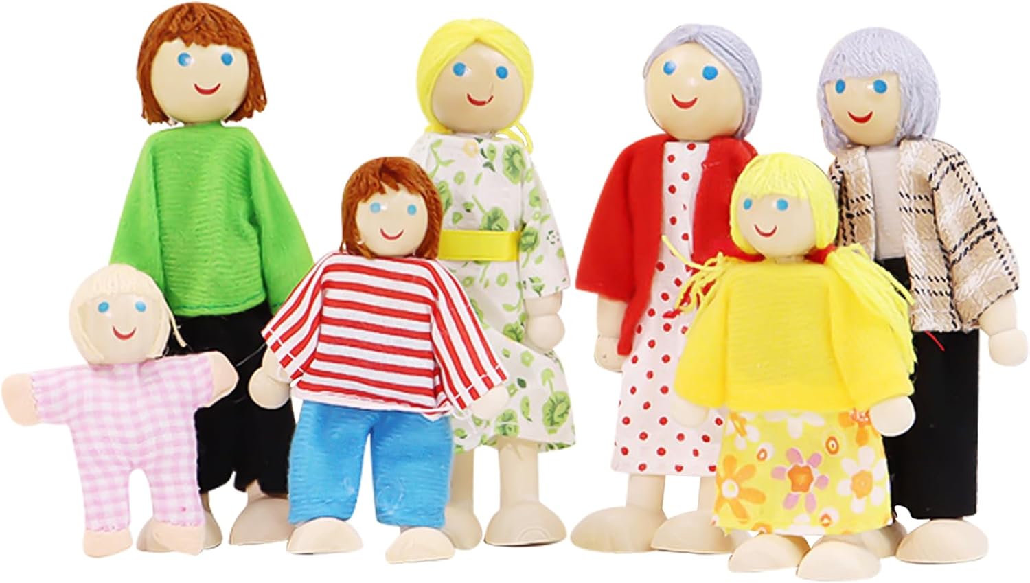 DAVBNM Sets of 7 People Wooden DollHouse Family Dolls Toys, Wooden Figure Set, Lovely Happy Family Doll Playset, Dollhouse Accessories, DollPeople Playset for Doll House Kids Children